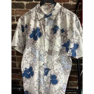 OP Ocean Pacific VTG Tiki White Blue Gray Hawaiian Shirt MEN L 100% Cotton